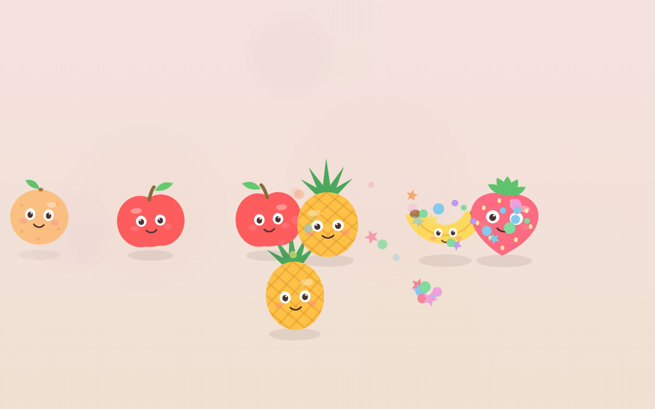 Fruit friends dancing among particle bursts — the default visual style