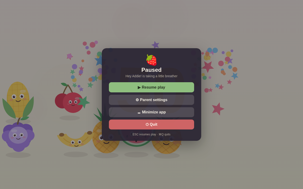 The pause menu with Resume play, Parent settings, Minimize app and Quit buttons over a dimmed play stage
