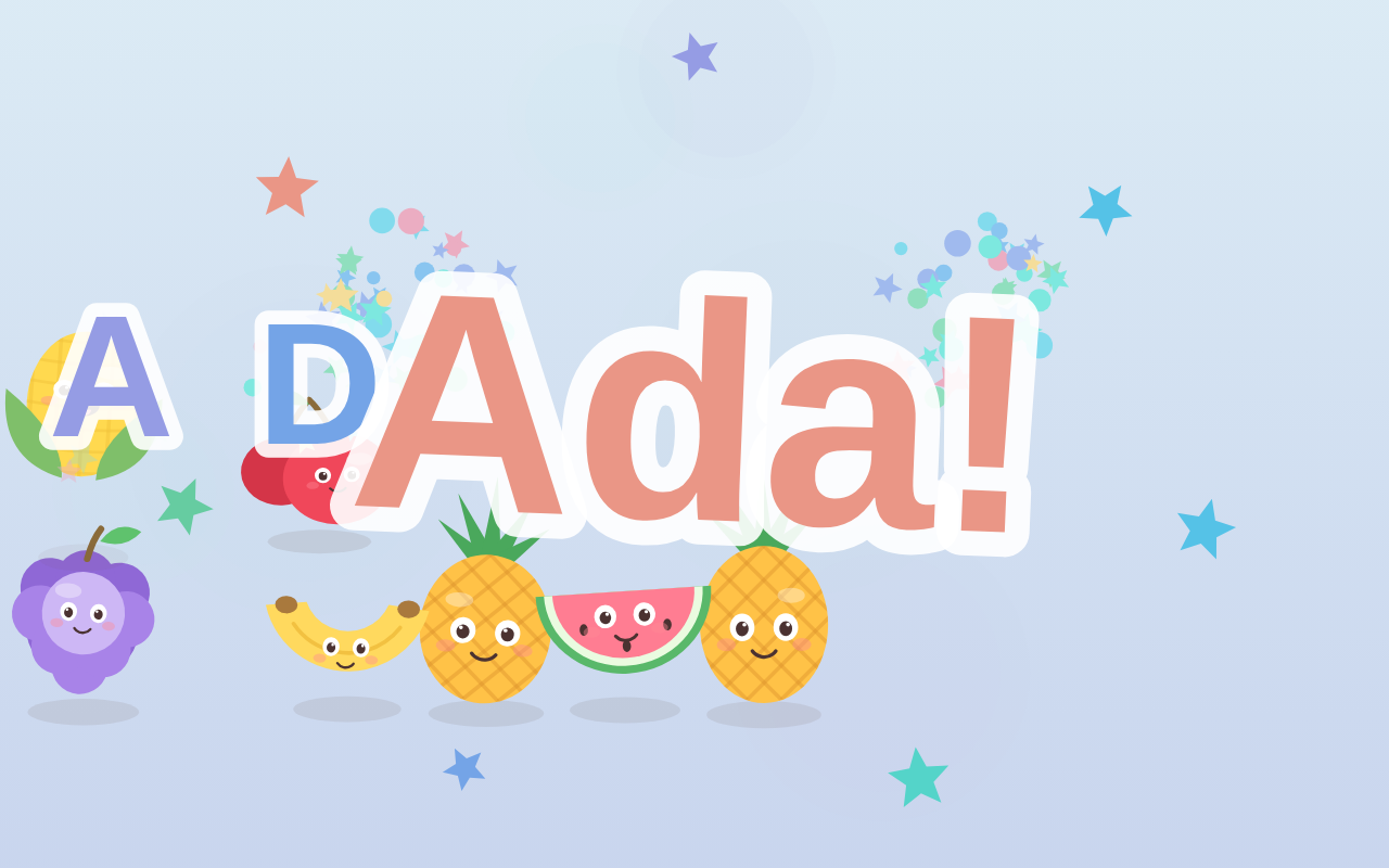The Hey Addie play stage celebrating the name Ada in giant pastel sticker letters, surrounded by smiling fruit characters and confetti